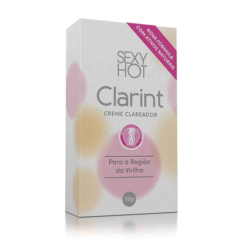 Caixa do Clarint Clareador �ntimo, exibindo nova f�rmula com ativos naturais e a informa��o de 50g do creme, com detalhes em rosa e branco
