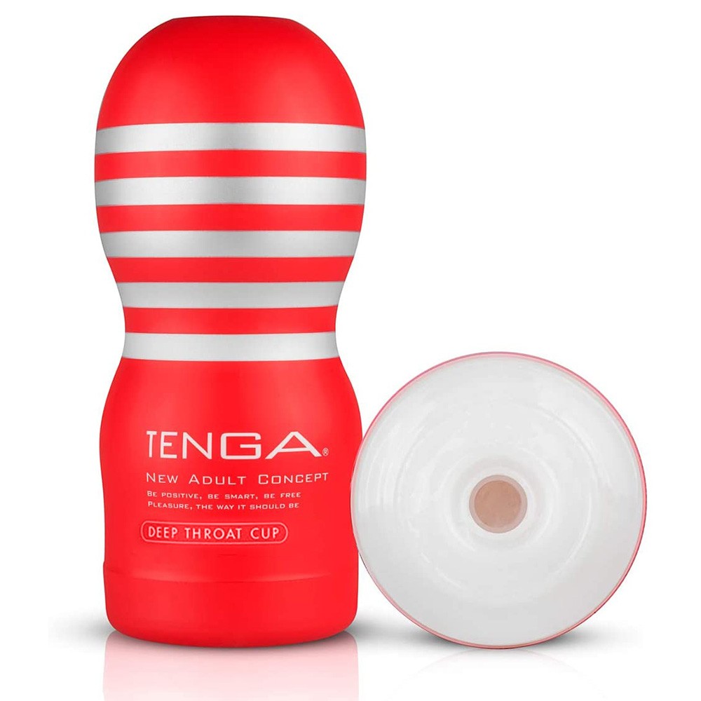 Masturbador Tenga Red Deep Throat em p�, com seu interior e a textura macia expostos
