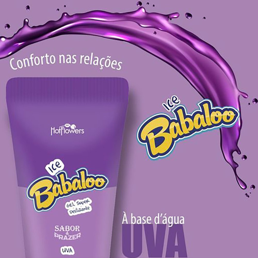 Lubrificante Ice Babaloo Sabor Uva, com detalhe do nome do produto, base � �gua e respingo roxo ilustrativo