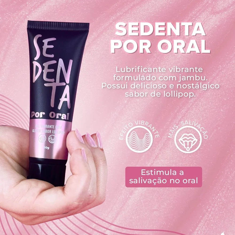 Vibrador L�quido Comest�vel Glitter Pipoca Doce 50ml, close da embalagem na m�o com texto descritivo