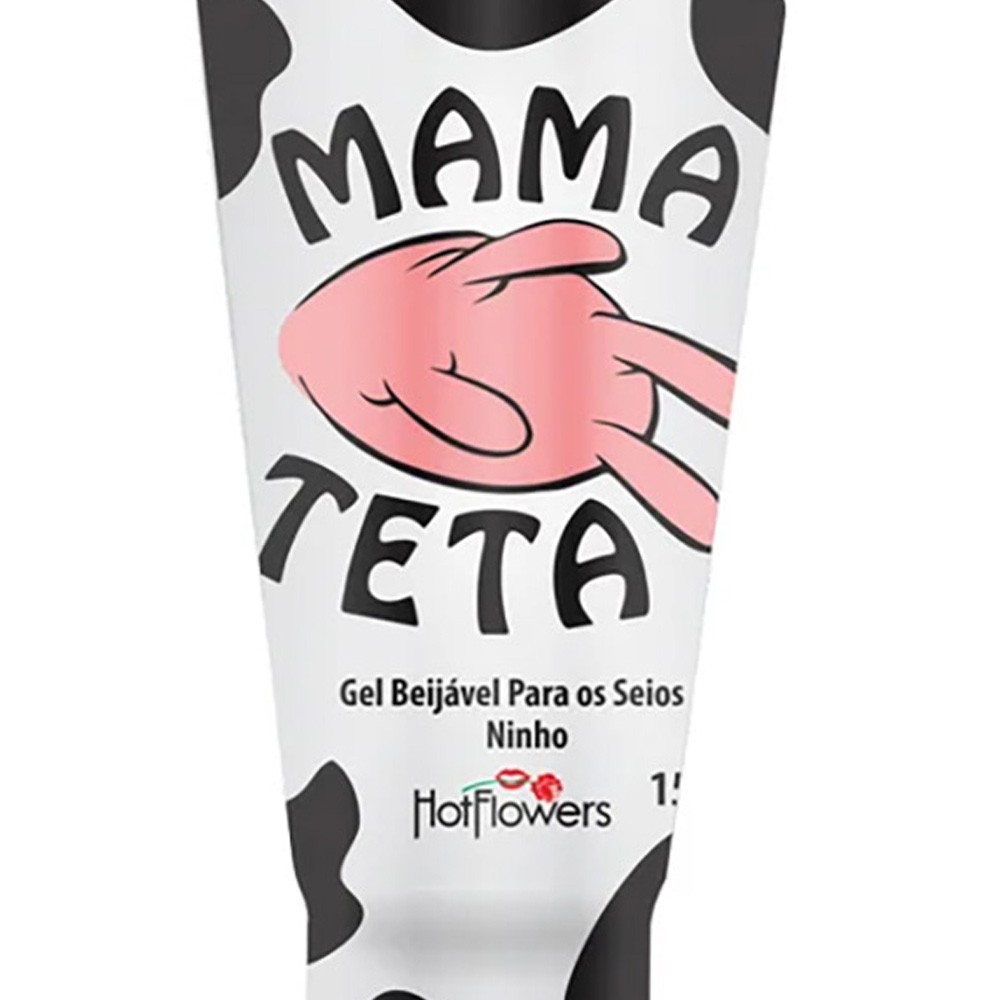 Gel de Massagem Beij�vel Mama Teta Ninho 15ml, detalhe da embalagem com design de vaca e indica��o de sabor Ninho