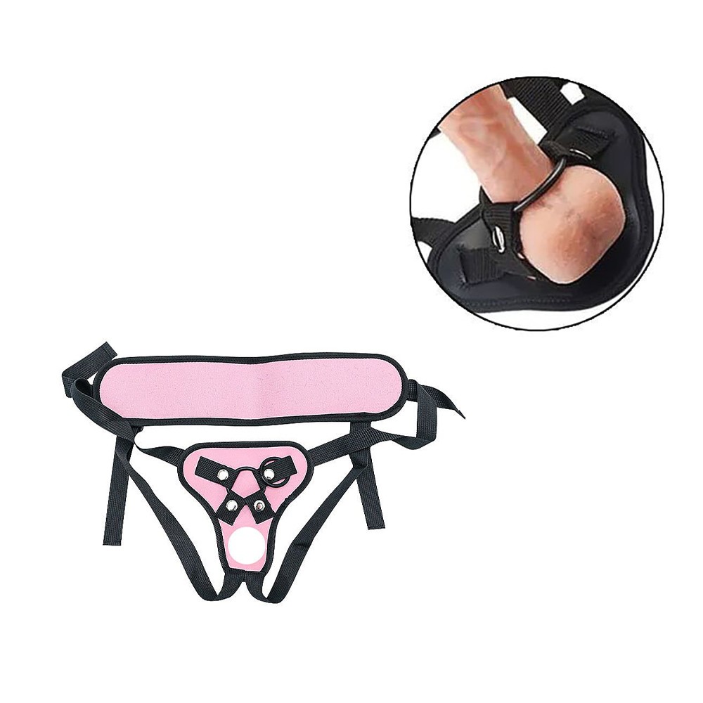 Detalhe do anel de nylon e ilh�s de metal da cinta peniana dupla rosa