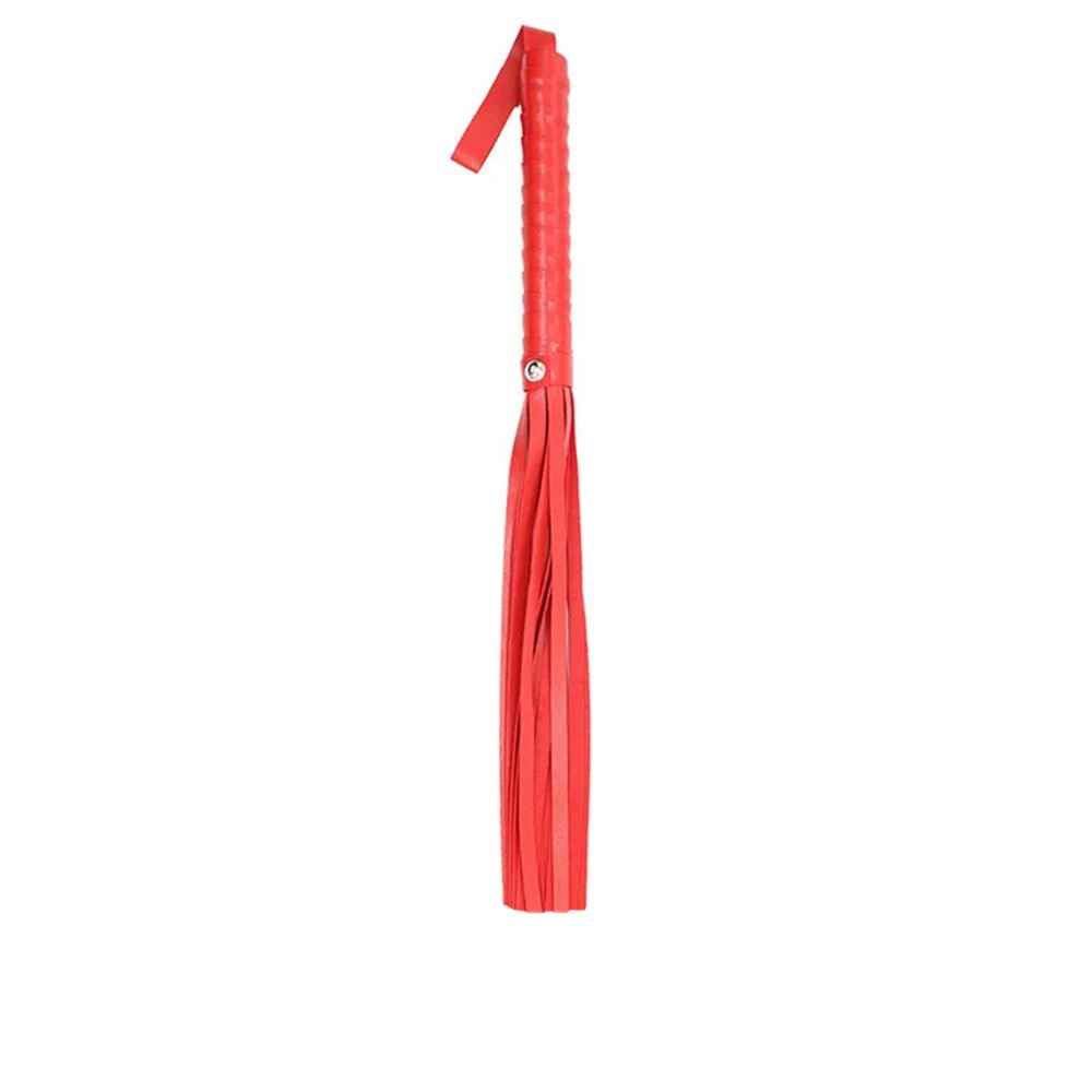 Detalle do cabo do Flogger em PU Vermelho, mostrando o suporte na ponta e a textura do material