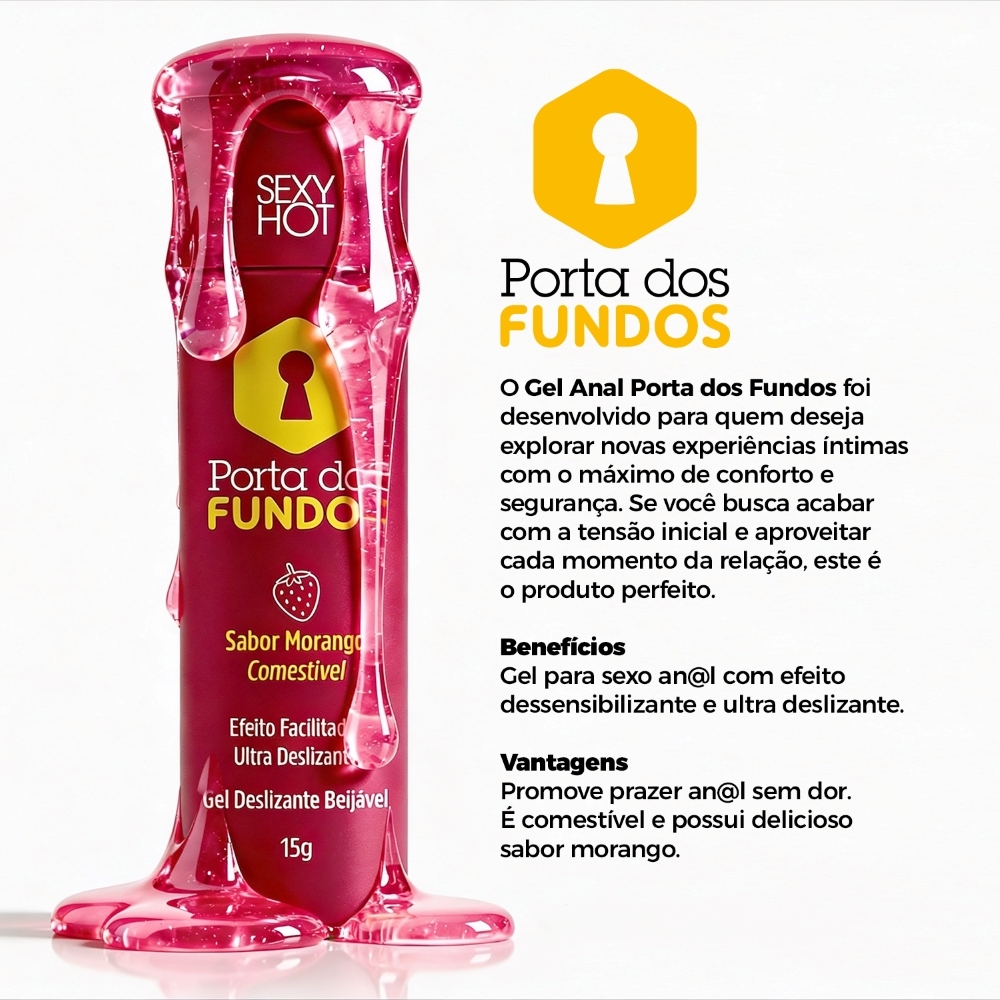 Frasco de Gel Porta dos Fundos com gel escorrendo, mostrando a textura ultra deslizante, ao lado de descri��o de benef�cios