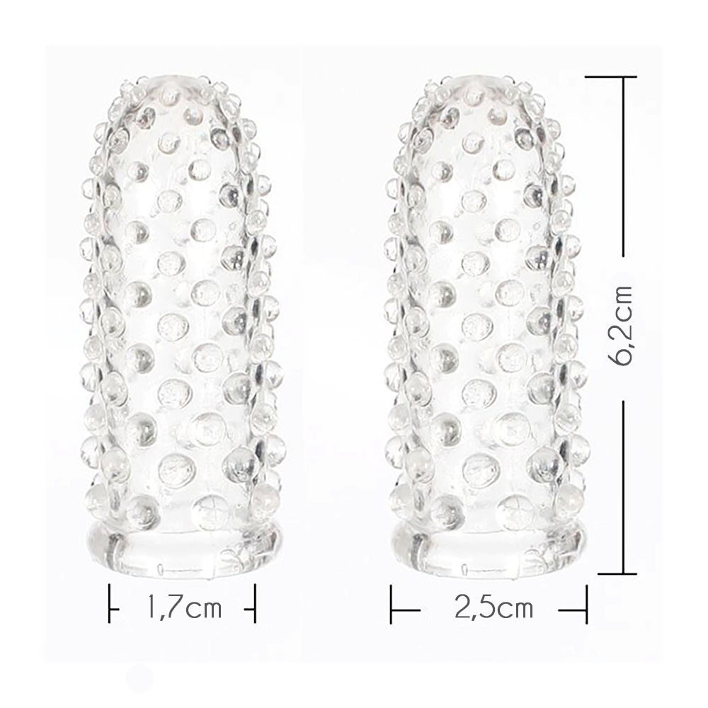 Kit com 2 Capas Massageadoras Para Dedos em Silicone Transparente | Vista frontal detalhada com medidas aproximadas
