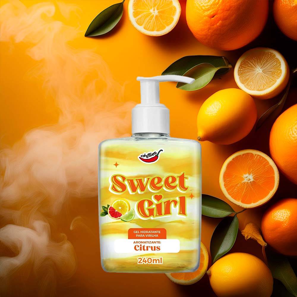 Gel Hidratante para Virilha Sweet Girl Aroma Citrus 240ml exibindo o frasco transparente com detalhes em laranja e amarelo e o bico dosador