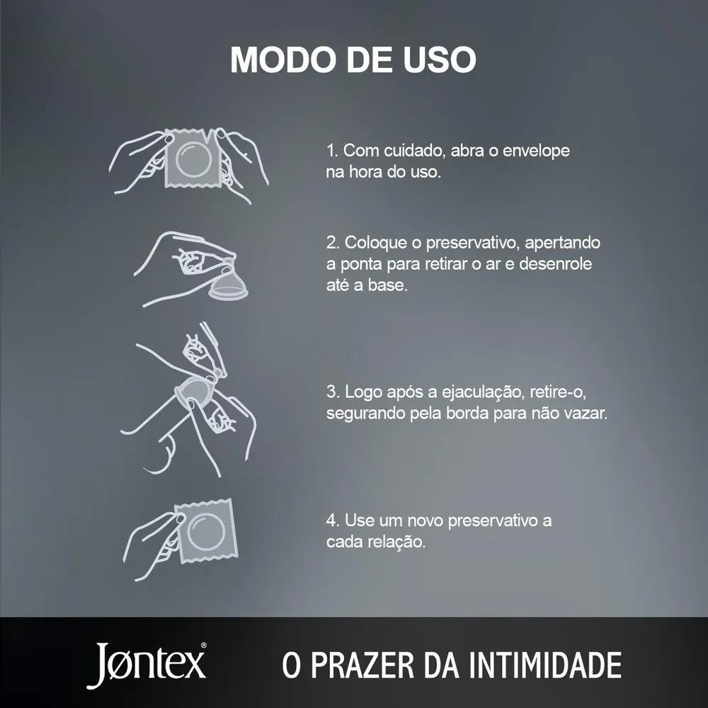 Preservativo Jontex Sensa��o Invis�vel: ilustra��o do modo de uso em quatro passos claros