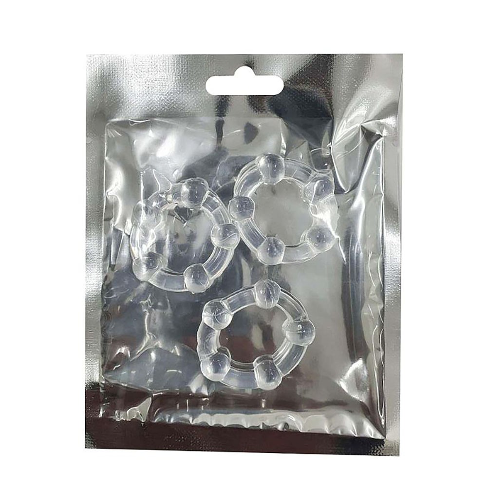Kit com 3 an�is penianos transparentes em elast�mero dentro da embalagem pl�stica prateada