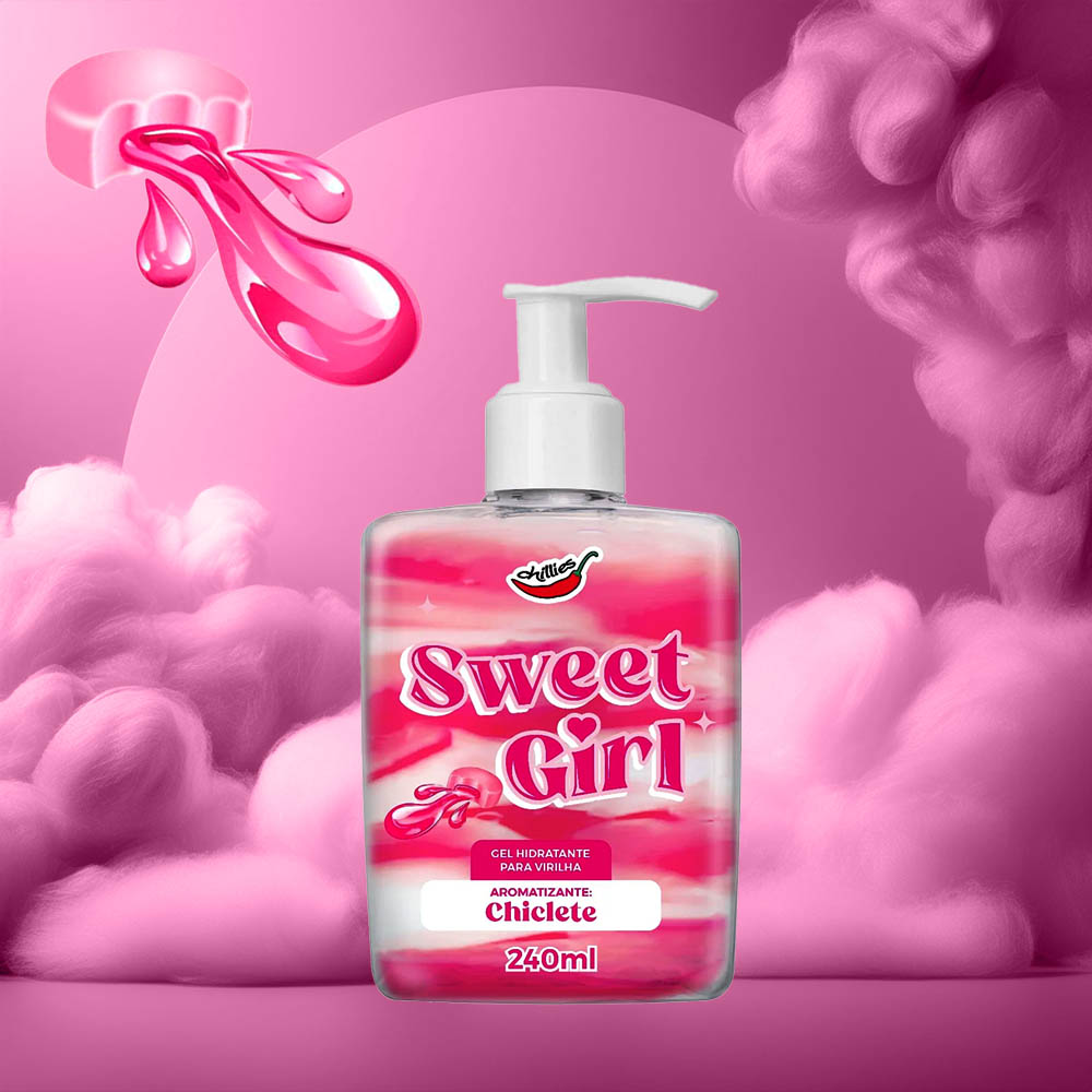 Gel Hidratante para Virilha Sweet Girl Aroma Chiclete 240ml - M�o aplicando o gel na pele, evidenciando a textura e transpar�ncia do produto