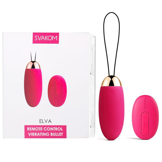 Vibrador Bullet Recarreg�vel Wireless Magenta Elva e controle remoto pr�ximos � caixa da embalagem, apresentando o conjunto