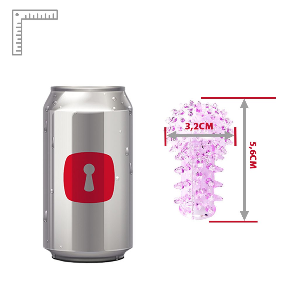 Dedeira Estimuladora Rosa ao lado de uma lata de refrigerante para compara��o de tamanho, mostrando as dimens�es de 5,6 cm de comprimento e 3,2 cm de largura