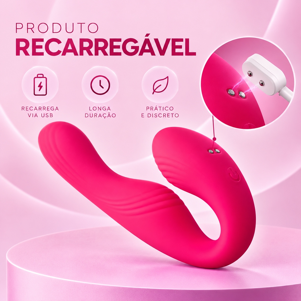 Cinta peniana recarreg�vel em silicone pink com o detalhe da porta de carregamento magn�tica e �cones de benef�cios