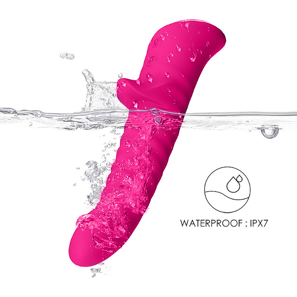 Vibrador Duplo Aurora Pink sendo submerso na �gua, destacando sua caracter�stica � prova d'�gua (IPX7)