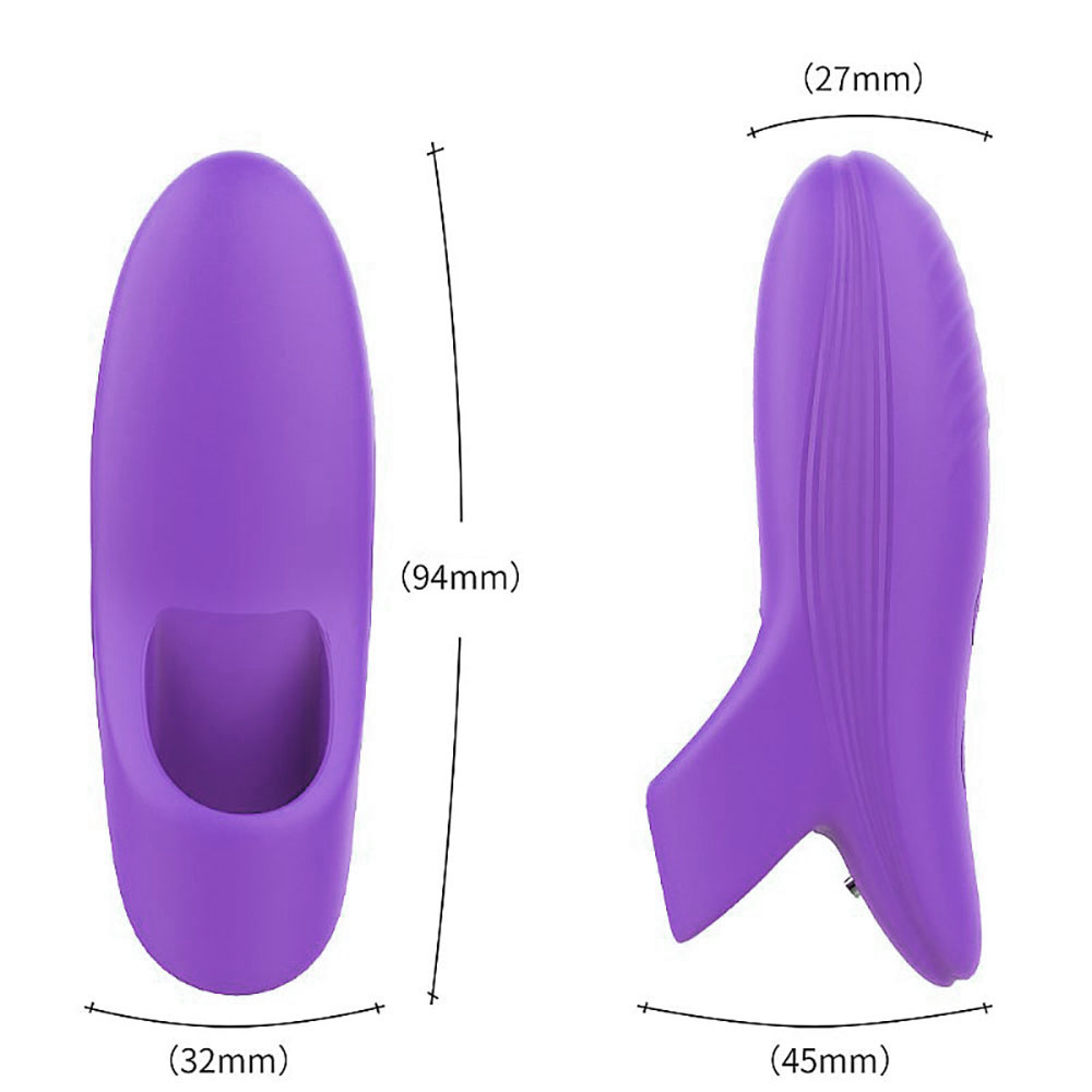 Dedeira Estimuladora Dory Roxo recarreg�vel em silicone, vista lateral dos bot�es de controle e textura suave