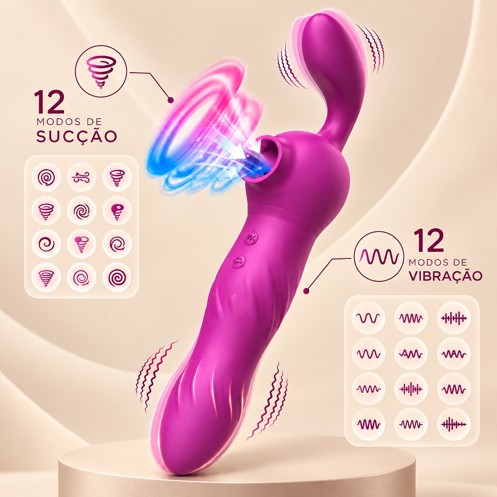 Sugador de Clit�ris Roxo com 12 modos de suc��o e 12 modos de vibra��o destacados