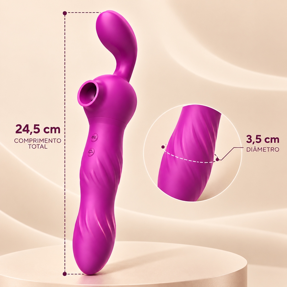 Sugador de Clit�ris Roxo exibindo as dimens�es: 24,5 cm de comprimento total e 3,5 cm de di�metro