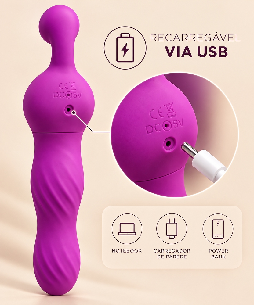 Sugador de Clit�ris Roxo mostrando o sistema de carregamento USB e as op��es de fonte de energia