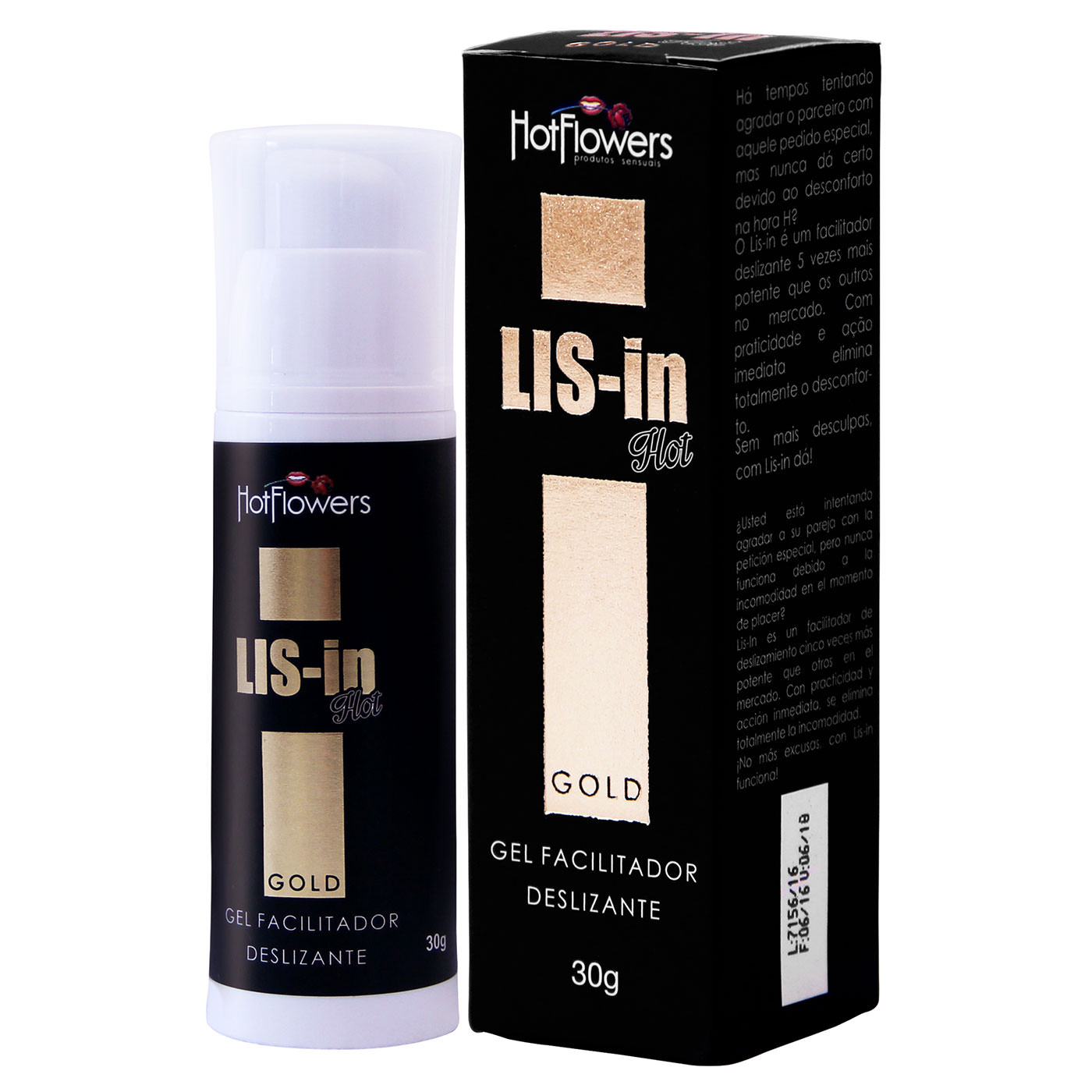 Embalagem do Gel para Sexo Anal Lis-In Gold 30g ao lado da caixa, destacando informa��es do produto