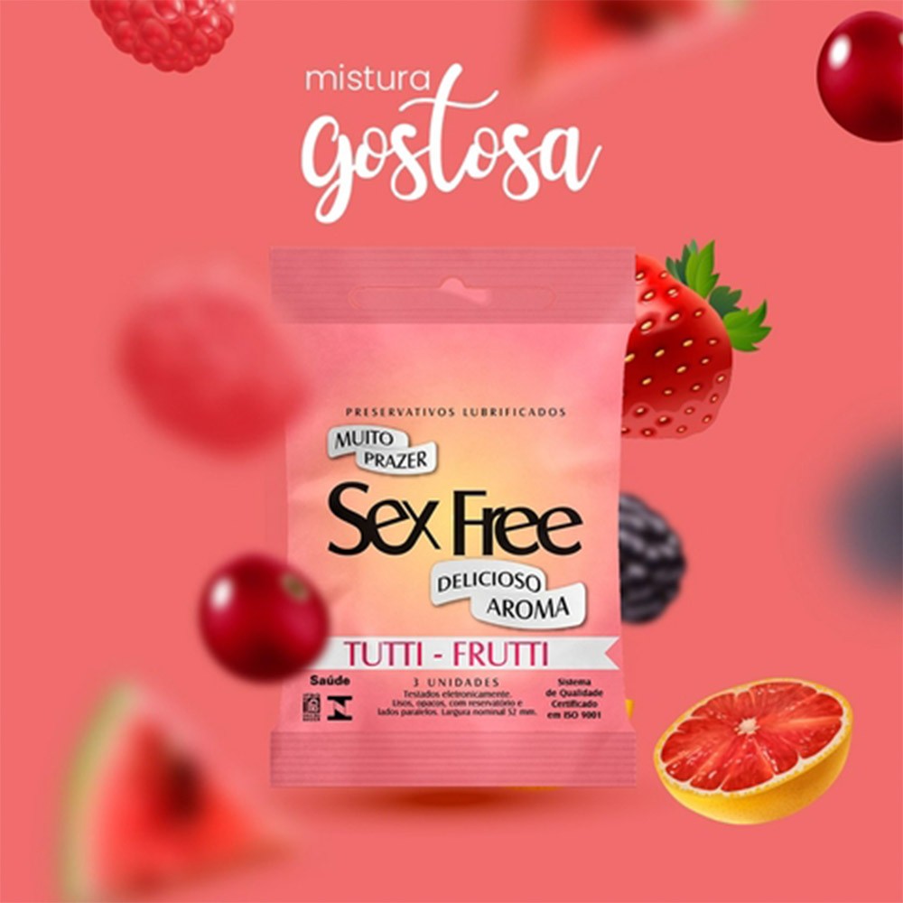 Vista aproximada do preservativo Sex Free de Tutti-Frutti, mostrando a embalagem individual que cont�m as instru��es de uso e o selo de qualidade