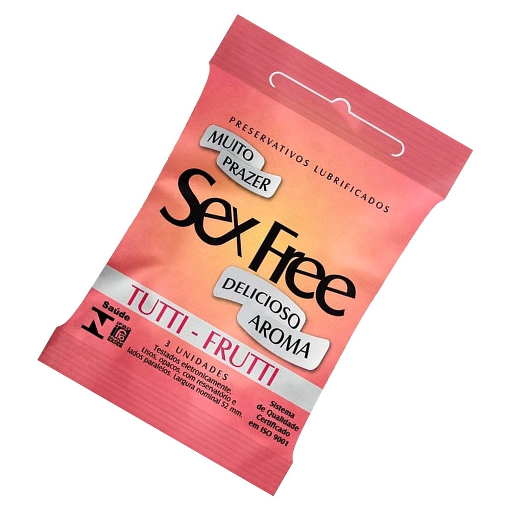 Duas embalagens do Preservativo Sex Free Tutti-Frutti lado a lado, com uma delas aberta mostrando um preservativo individual