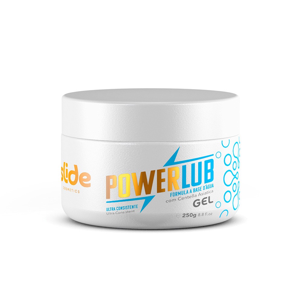 Pote fechado do PowerLub Gel 250g, mostrando o r�tulo com as informa��es e a marca Slide Cosmetics.