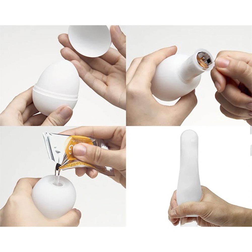Masturbador Masculino Tenga EGG Lovers Heart Original: Compara��o entre a embalagem, o interior flex�vel e o masturbador em uso