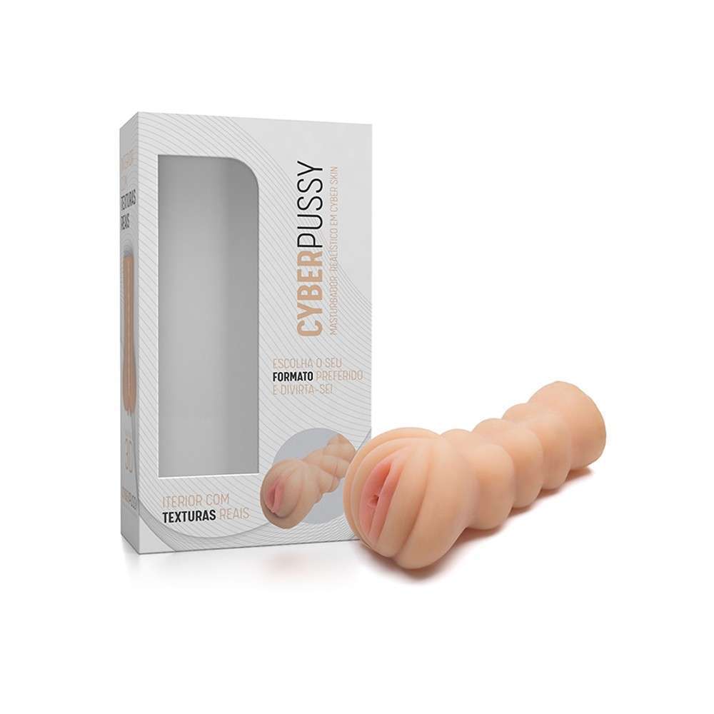 Caixa do Masturbador Vagina em Cyberskin Gaby ao lado do produto, mostrando detalhes da embalagem