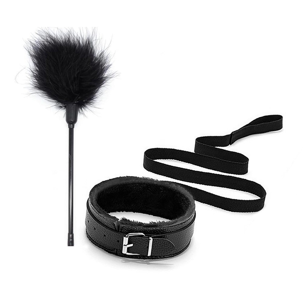 Kit Bondage com coleira, guia e tease em pel�cia preta