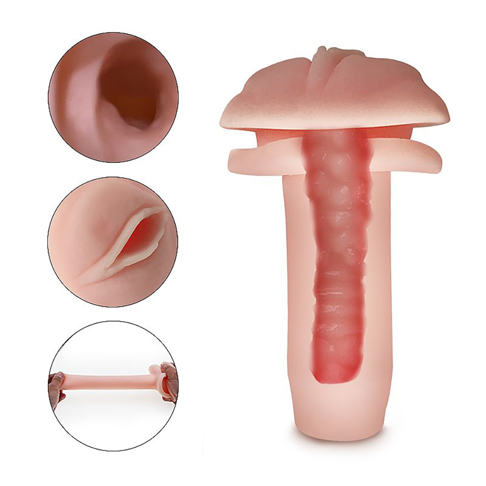 Masturbador Vagina Lanterna Miya Bege, com a parte interna de silicone removida, mostrando detalhes e flexibilidade
