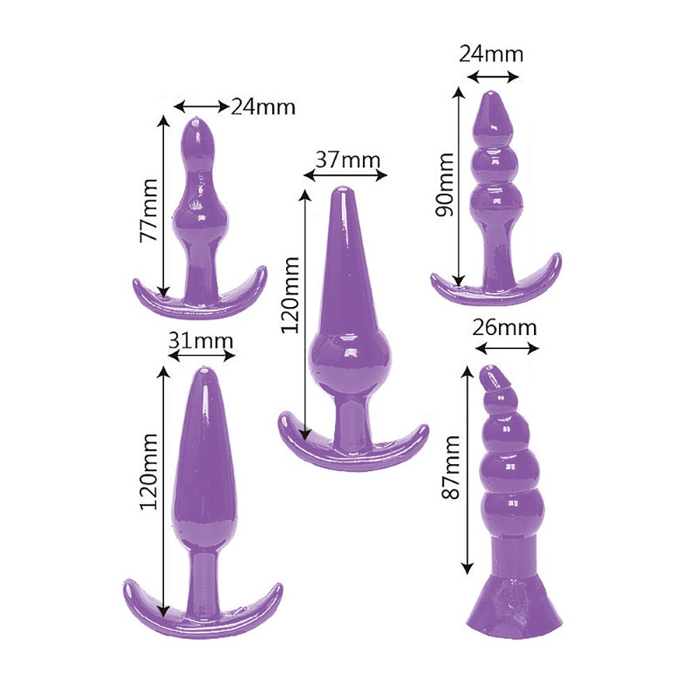 Close-up em tr�s dos plugs anais roxos de silicone, um com bolinhas, um liso e um formato c�nico, mostrando a textura e as diferentes formas.