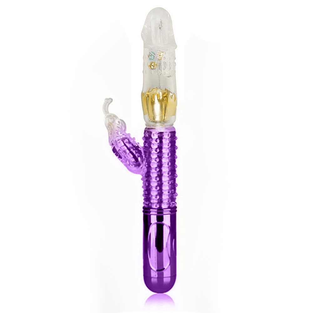 Vibrador Rabbit Rotativo Female Recarreg�vel Roxo em vista lateral, mostrando corpo detalhado e estimulador clitoriano