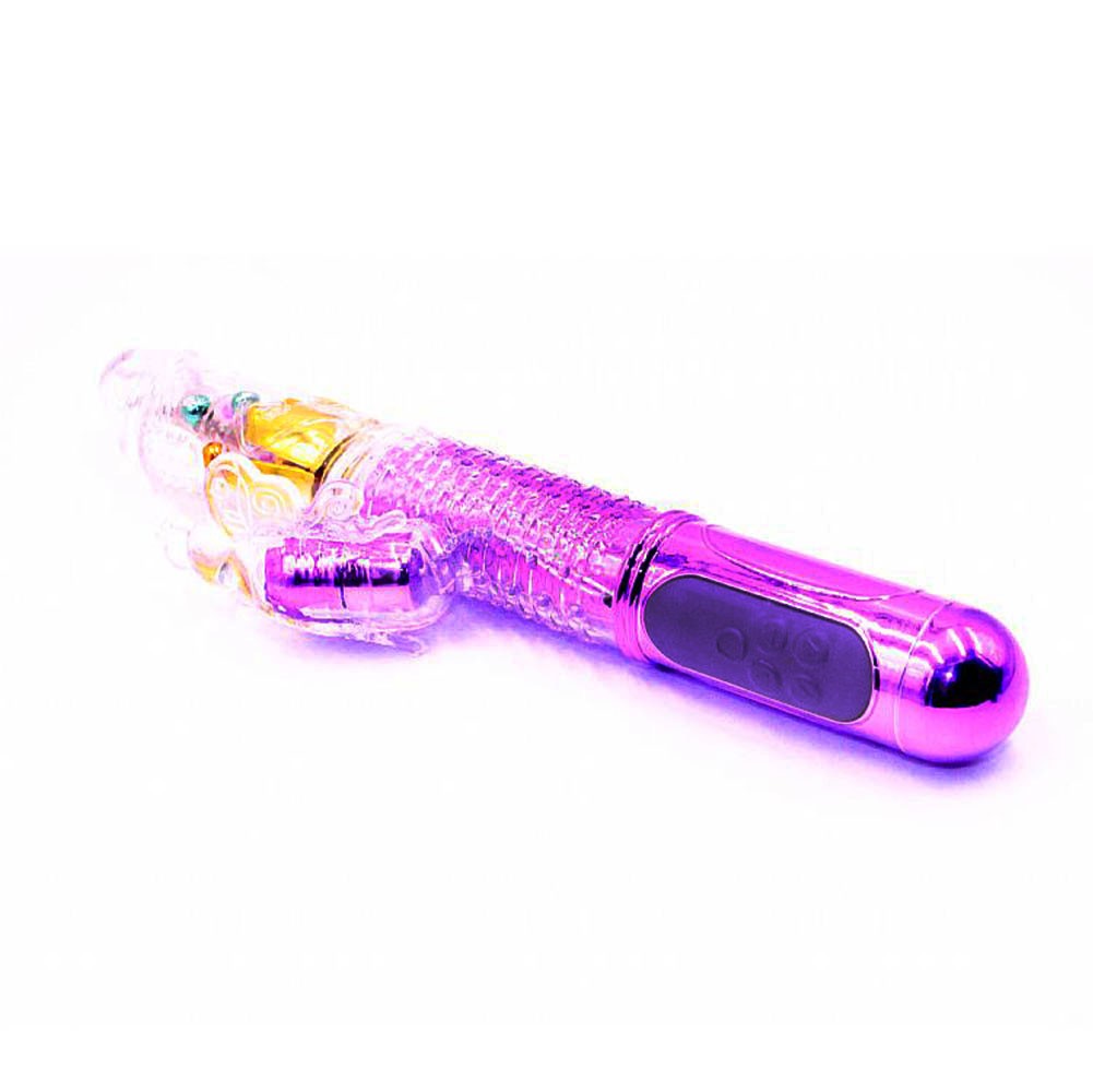 Imagem do Vibrador Rabbit Rotativo Roxo com flechas indicando movimento de vai e vem da ponta