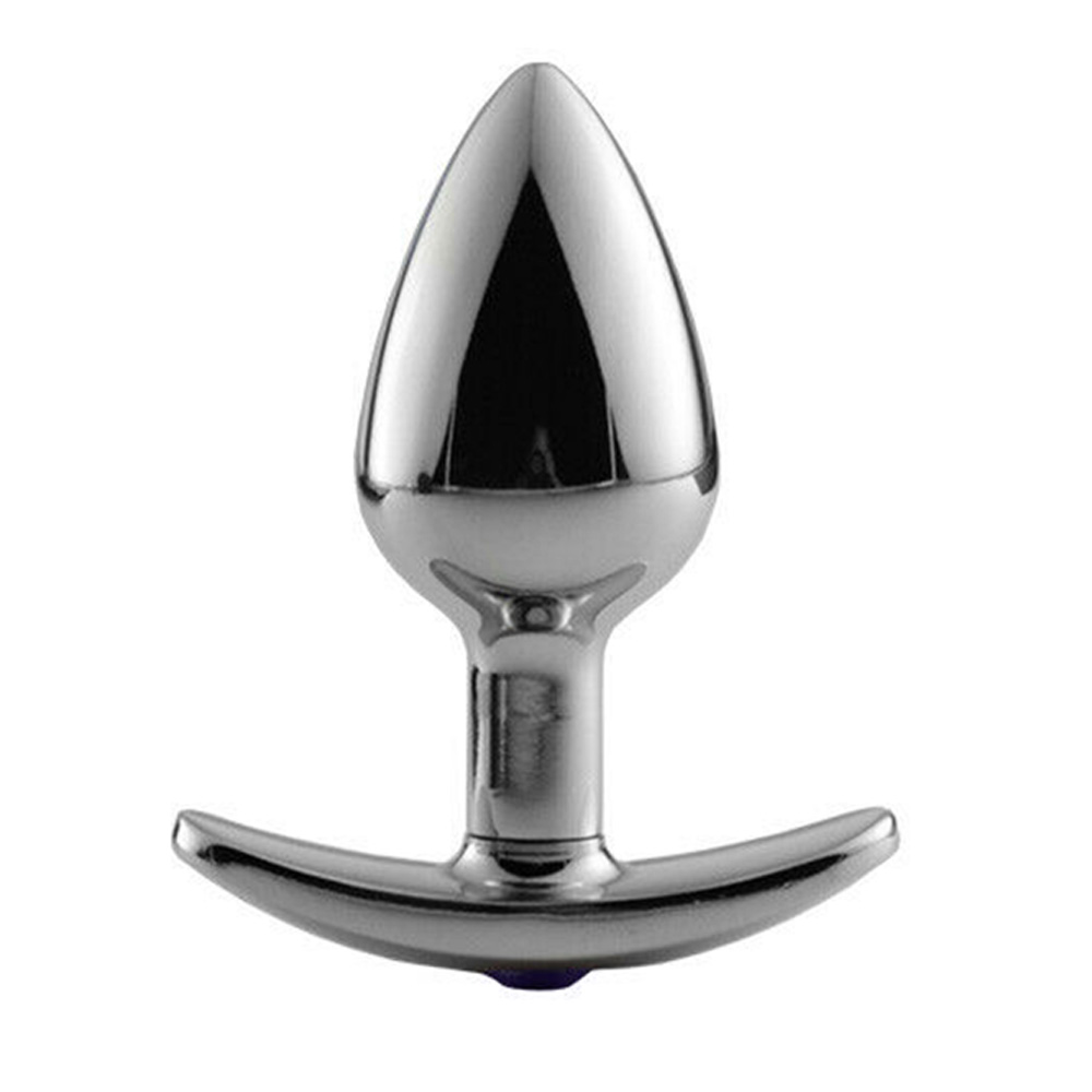 Detalhe do acabamento em a�o inox do Plug Anal Joia com Base C�nica Roxo mostrando brilho met�lico