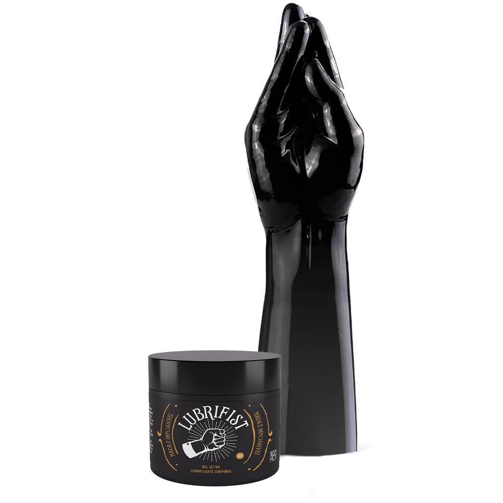 Lubrificante para Fisting � Base de �gua Neutro Lubrifist 500ml | Pote ao lado de uma luva de fisting preta e brilhante