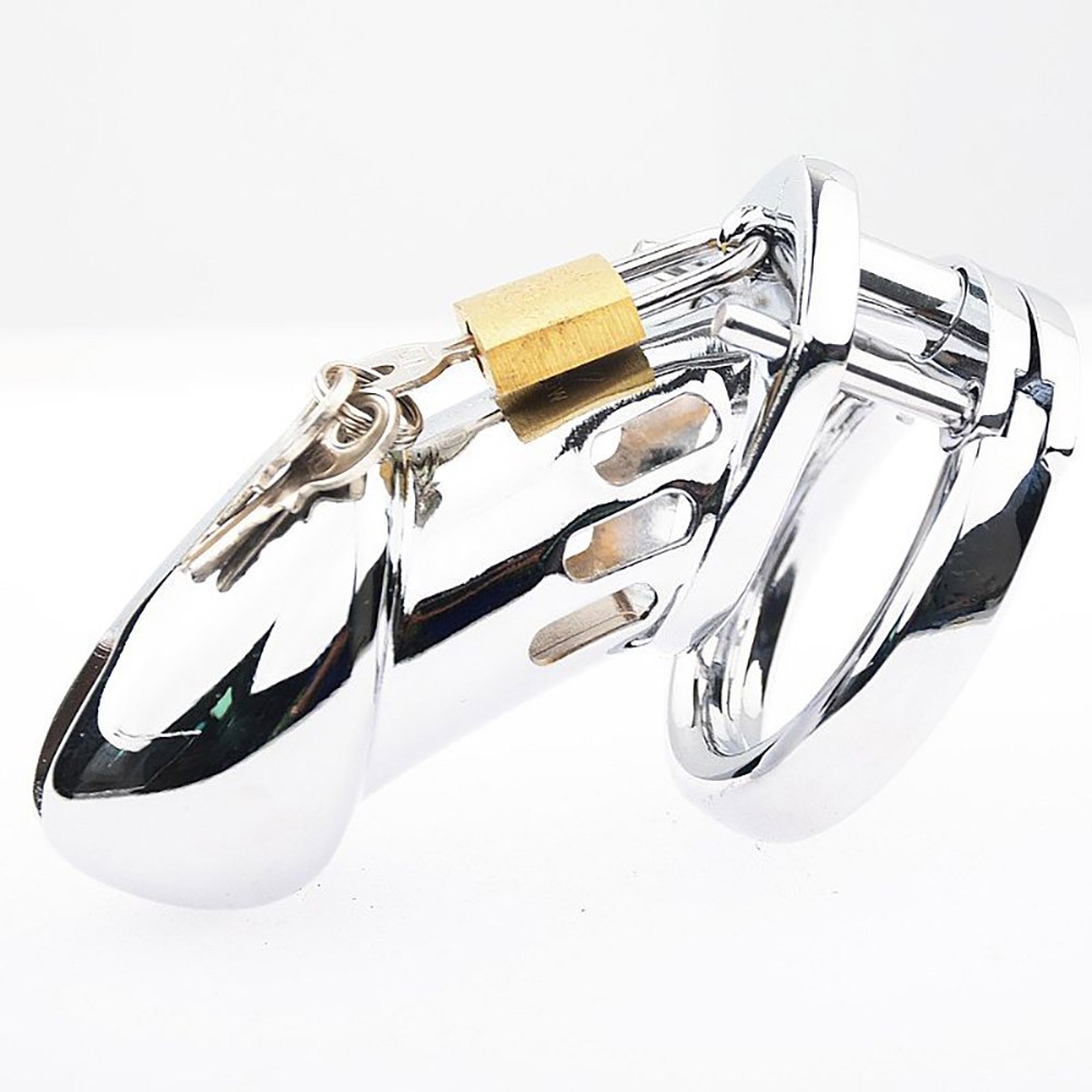 Cinto de Castidade Masculino em Metal com Cadeado Prata, vista lateral detalhada da estrutura