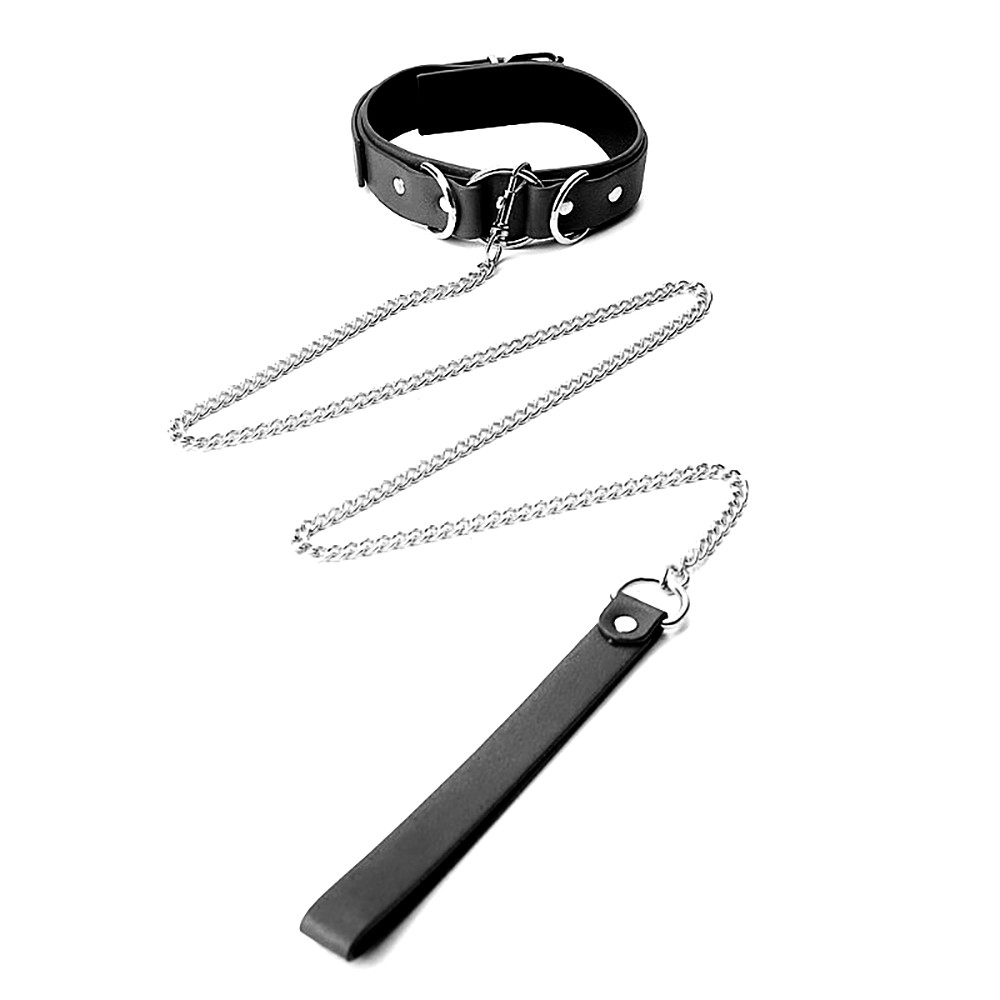 Kit Bondage Preto, vis�o lateral da coleira e guia em PU com corrente e mosquet�o