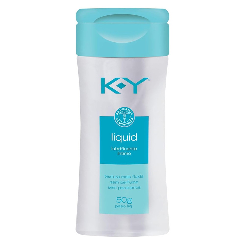 Lubrificante �ntimo KY Liquid em frasco, sem a caixa, destacando o r�tulo e a tampa azul.