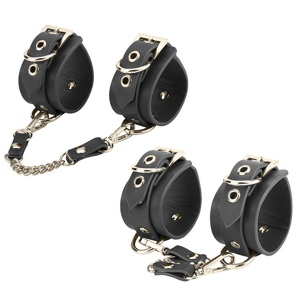 Par de algemas de pulso e par de tornozeleiras em PU preto e metal dourado com correntes