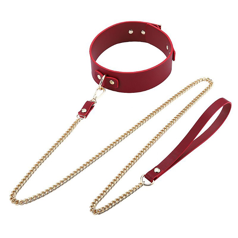 Kit Bondage em PU e Metal Vinho e Dourado - Detalhe da coleira e guia com corrente