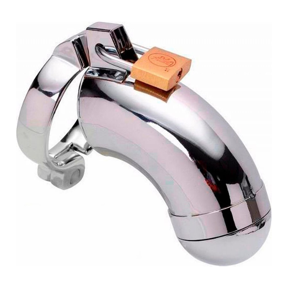 Cinto de castidade masculino de metal prata com cadeado, vista frontal inferior, detalhe do brilho do metal