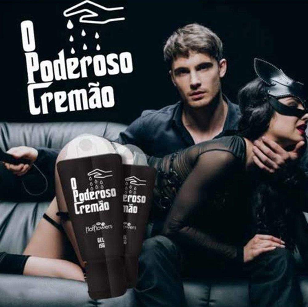 Casal em cena rom�ntica, com bisnaga de Excitante Unissex O Poderoso Crem�o 15ml em destaque