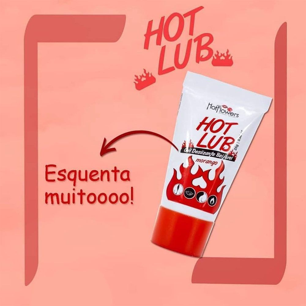 Embalagem do Lubrificante �ntimo Hot Lub Morango, com a frase 'Esquenta muitoooo!' e chamas.
