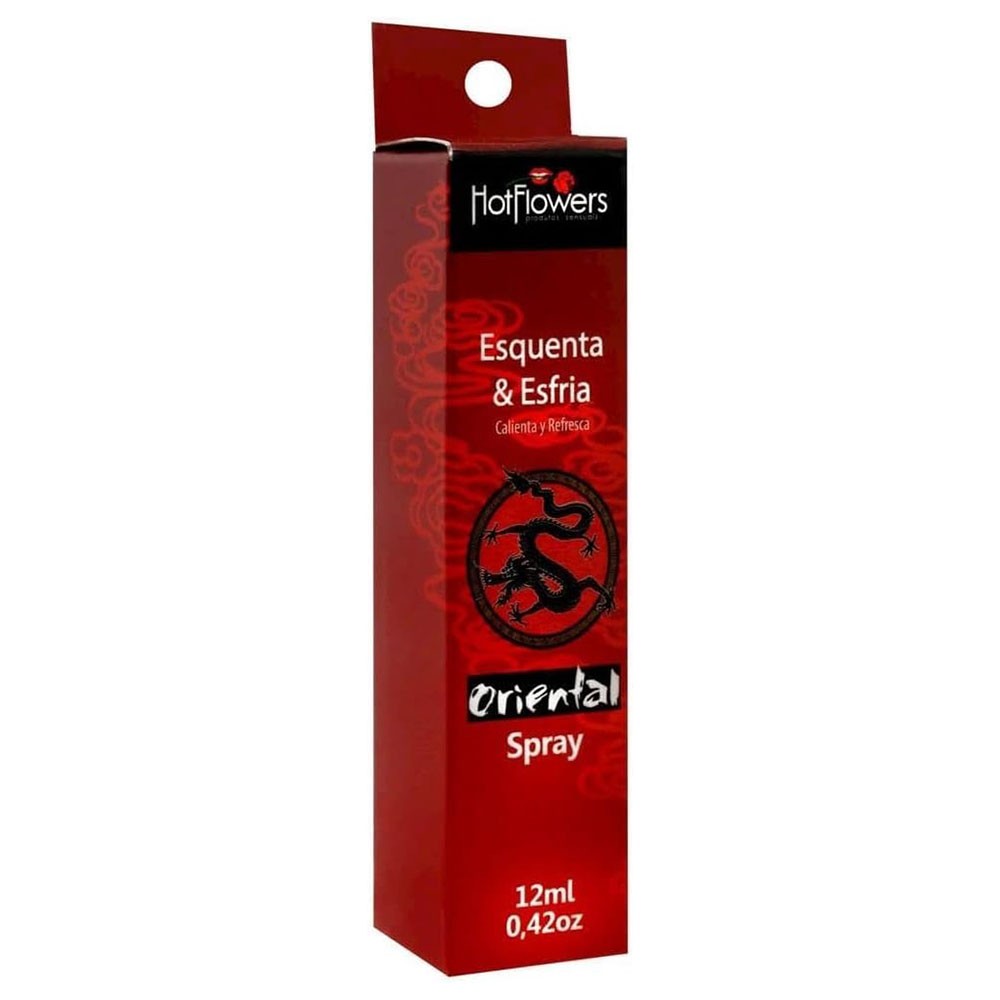 Frasco do excitante em spray Oriental em close-up, mostrando detalhes do r�tulo