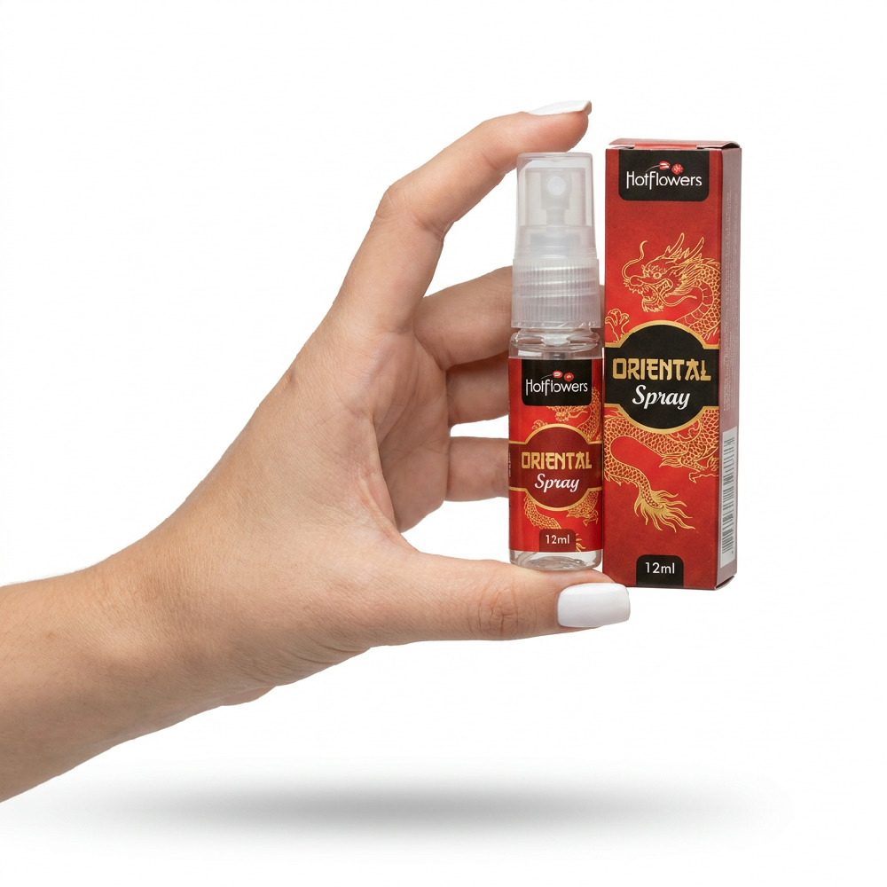 Excitante Unissex em Spray Esquenta e Esfria Oriental 12ml em contexto com a embalagem, mostrando a lateral do frasco e a parte traseira da caixa