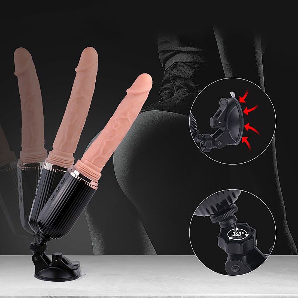 M�quina de Sexo com P�nis em Cyberskin, 9 Vibra��es e Vai e Vem com Controle sem Fio Bege: Imagem ambientada da m�quina em uso, com detalhes do movimento de vai e vem e da ventosa de fixa��o.