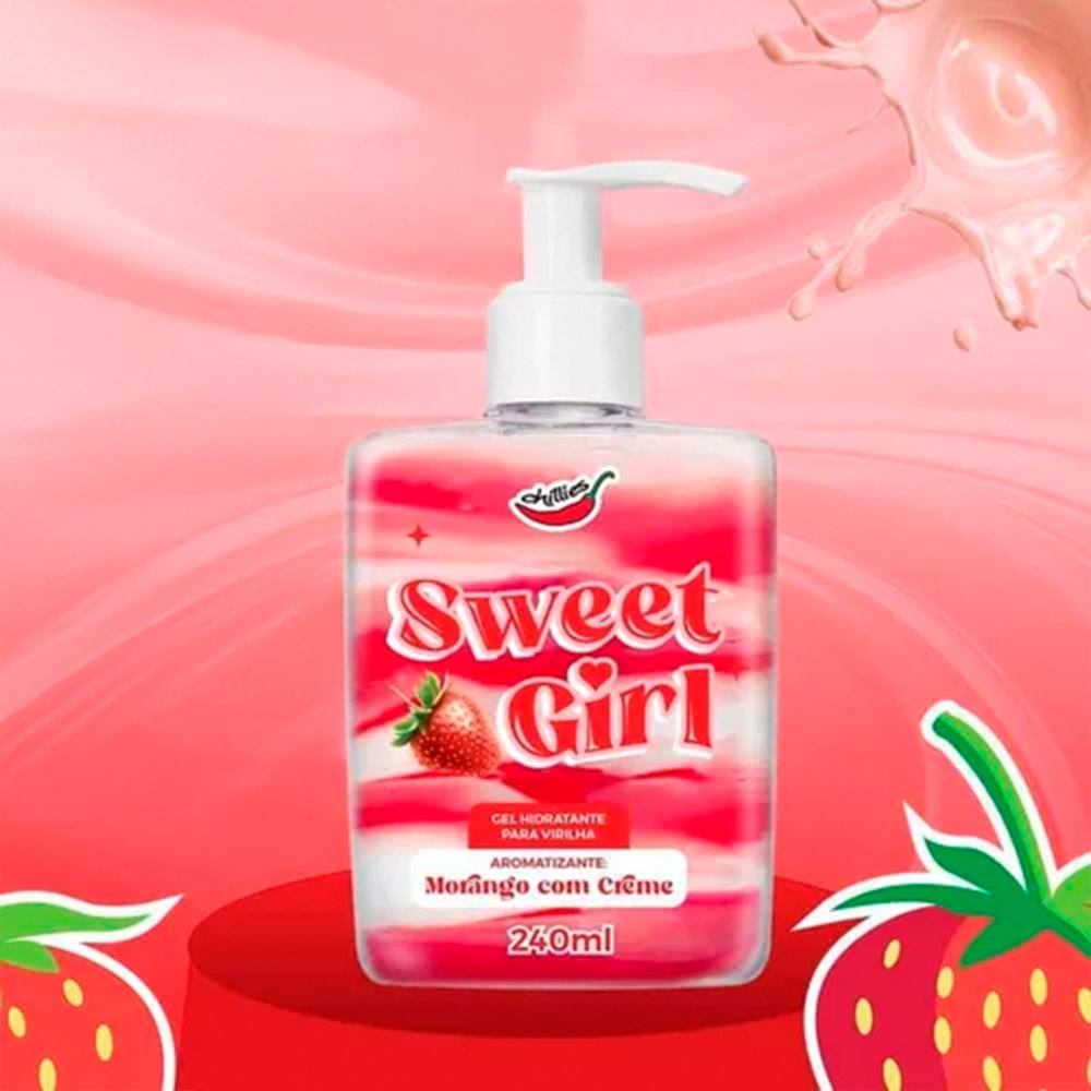 Gel Hidratante para Virilha Sweet Girl Morango com Creme, 240ml, sobre fundo rosa com detalhes de morango e respingos de creme, criando um ambiente sensual