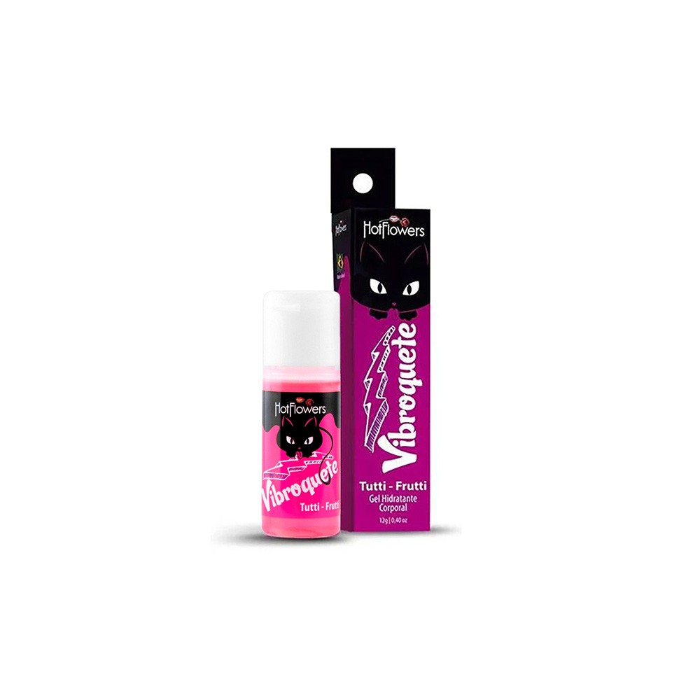 Detaihe do r�tulo do frasco do Gel Vibroquete Tutti-Frutti, mostrando a marca Hot Flowers e o gatinho