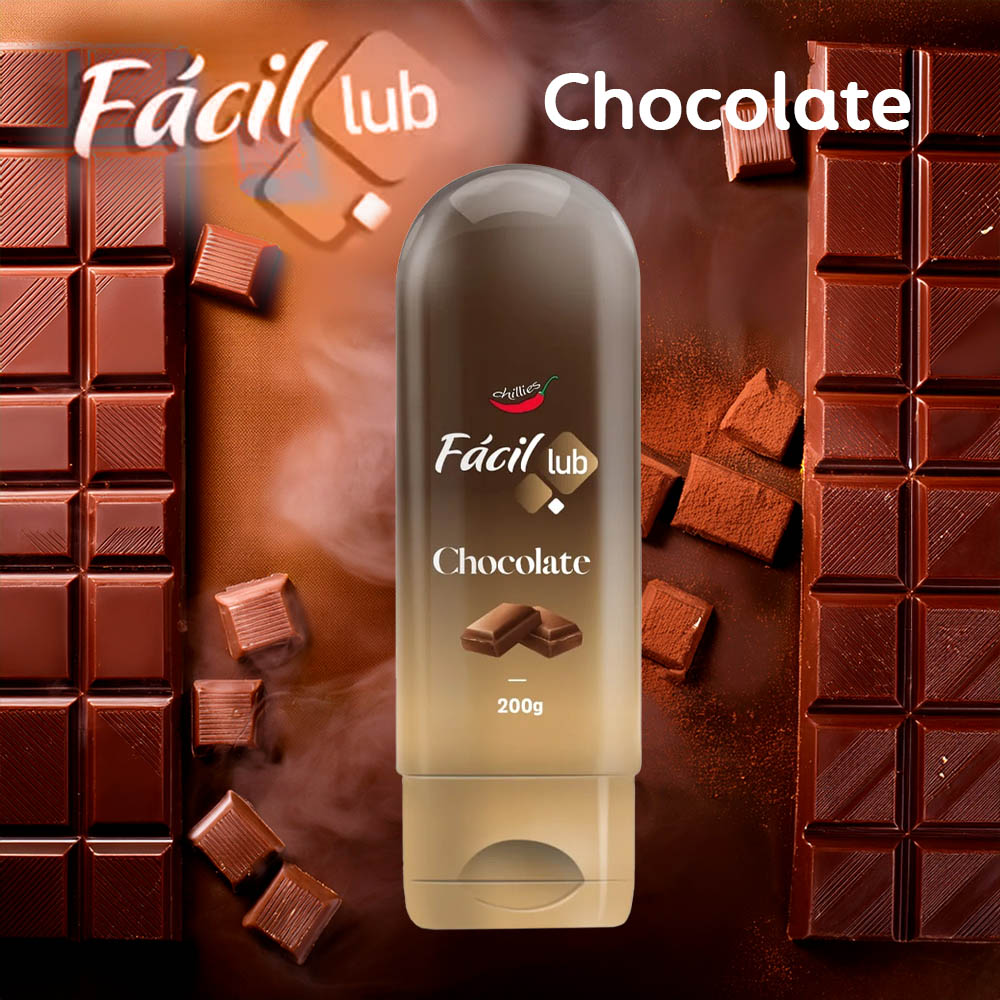Lubrificante � Base de �gua Beij�vel F�cil Lub Sabor Chocolate 200g com fundo marrom, destacando a embalagem e o sabor.