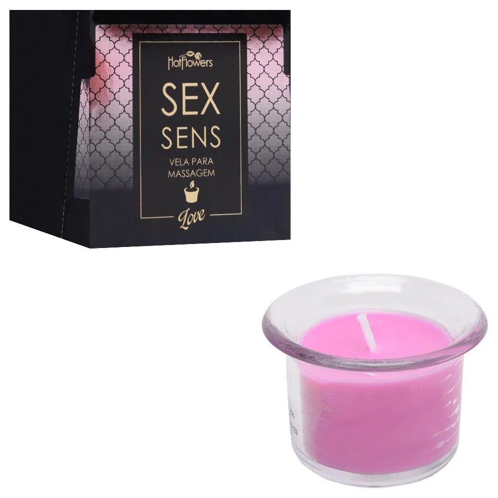 Vela para Massagem Sex Sens Love Aroma Adocicado 20g e sua embalagem preta e rosa, com a vela em recipiente transparente em um �ngulo diferente