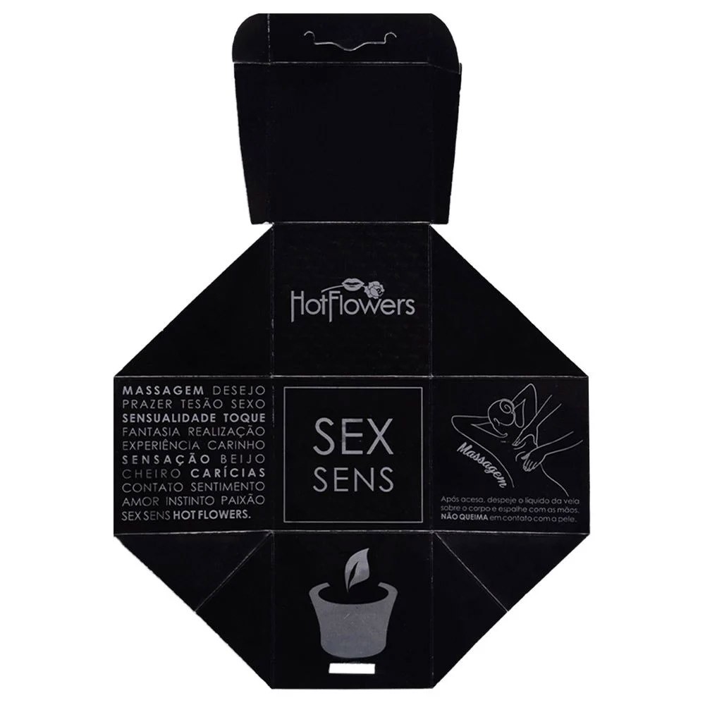Detalhe da embalagem da Vela para Massagem Sex Sens Love Aroma Adocicado 20g, exibindo a marca Hot Flowers e o design da caixa